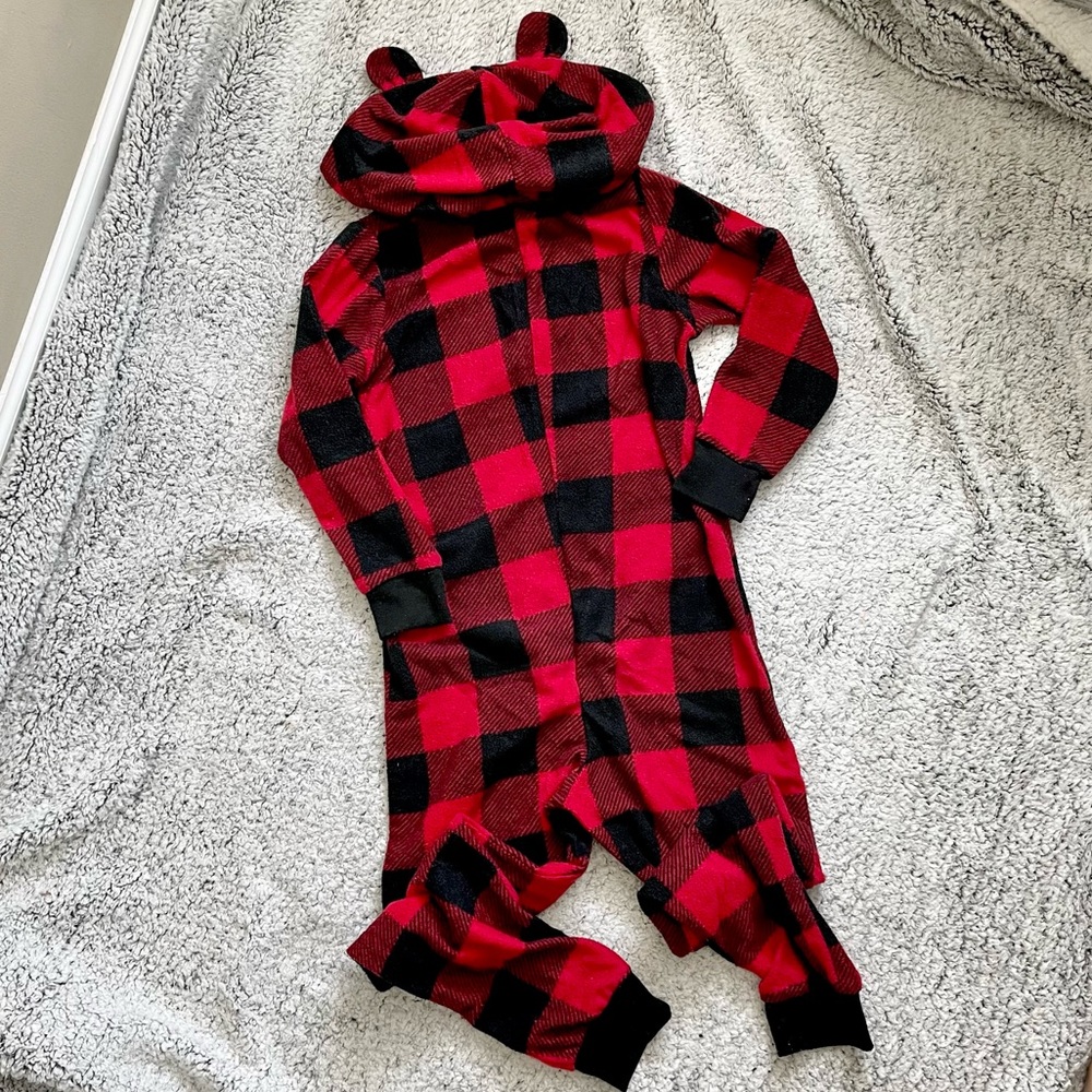 Hooded Bear Ears Buffalo Check Footie Pajamas